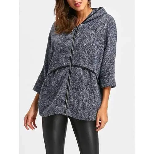 Hooded Batwing Sleeve Tunic Wool Coat - Blue One Size