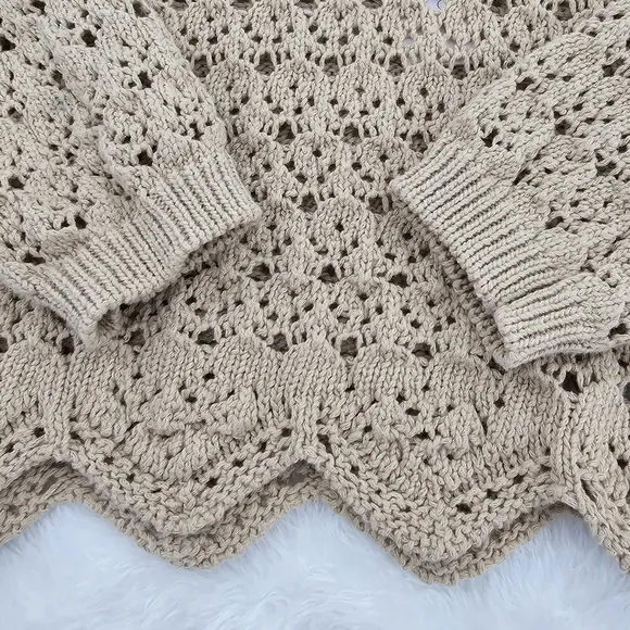 House Of Harlow 1960 Tan Open Knit Long Sleeve Crochet Sweater Womens Size XSmal