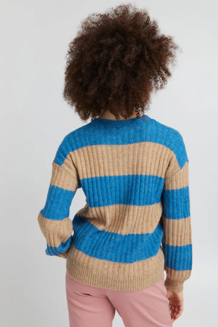 ICHI Kamara Striped Knit Sweater Blue