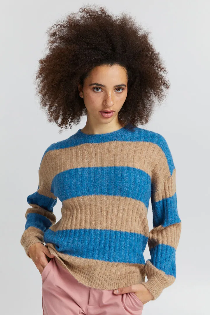 ICHI Kamara Striped Knit Sweater Blue