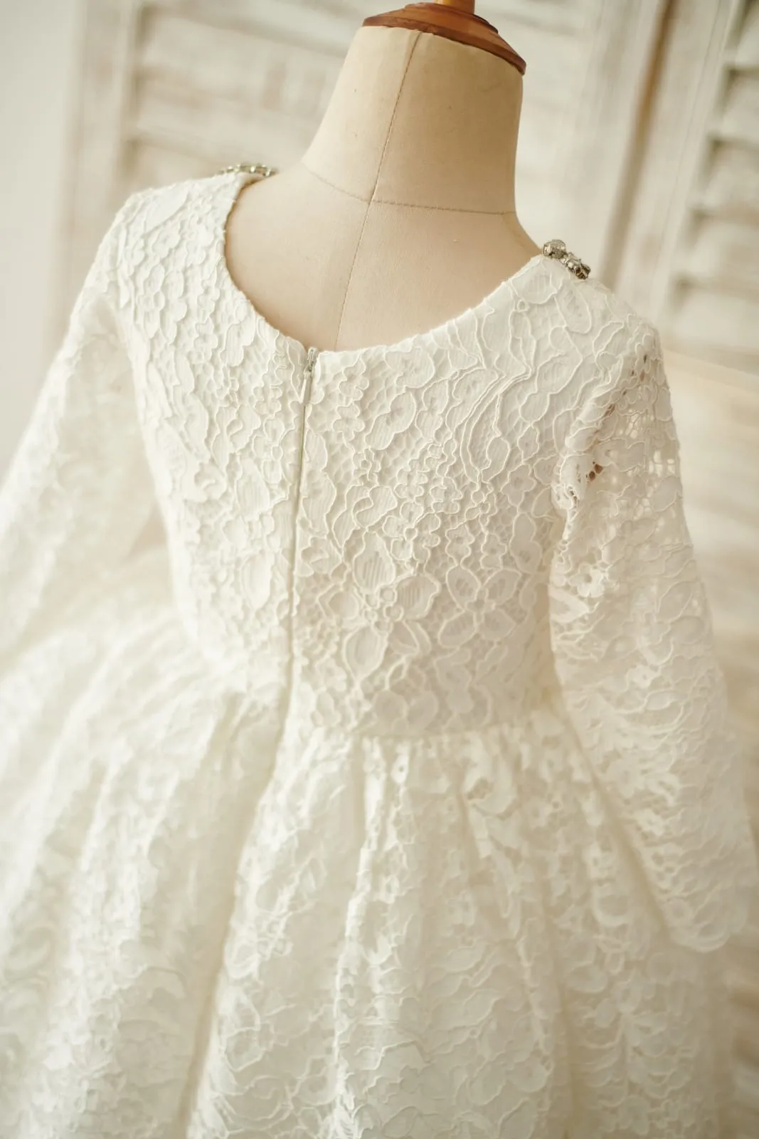 Ivory Lace Long Sleeves Wedding Flower Girl Dress, Beading Neck