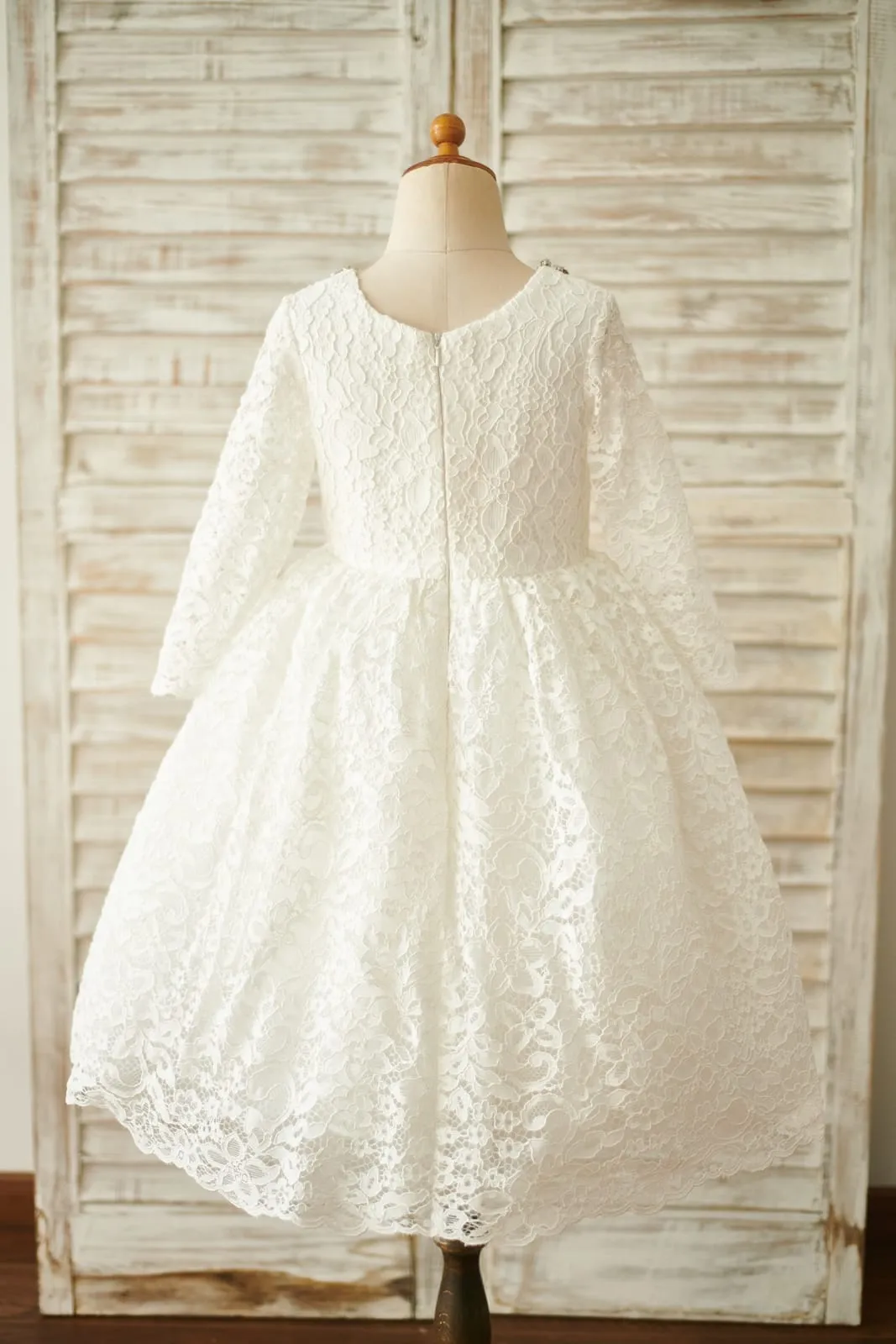Ivory Lace Long Sleeves Wedding Flower Girl Dress, Beading Neck