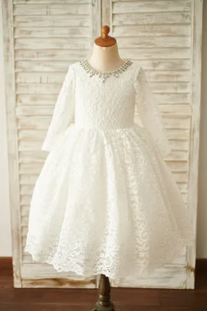 Ivory Lace Long Sleeves Wedding Flower Girl Dress, Beading Neck