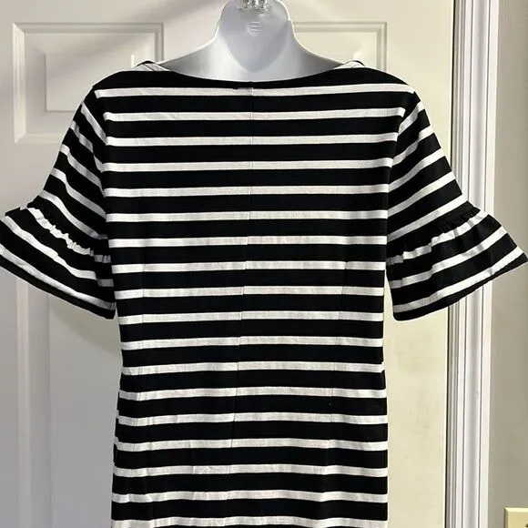 J. Crew Black &amp; White Striped T- Shirt Dress w/ Ruffled Puff Sleeves- Small
