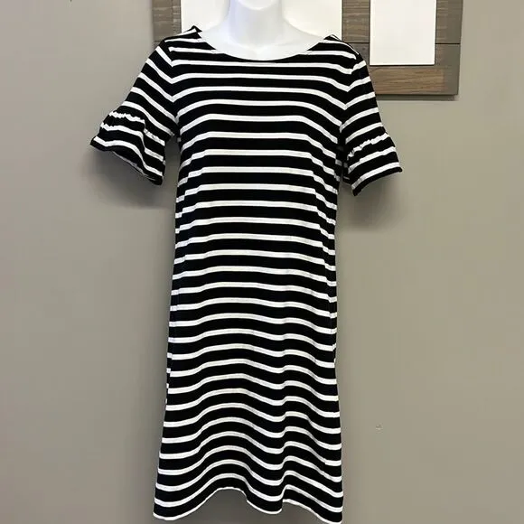 J. Crew Black &amp; White Striped T- Shirt Dress w/ Ruffled Puff Sleeves- Small