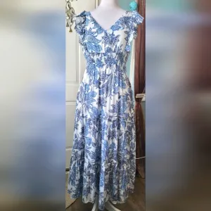 Joie Cassiel Dress Women's M Blue &amp; White Floral Maxi Smocked Cotton Blend EUC