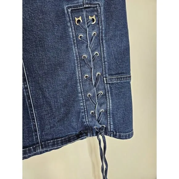 KARL LAGERFELD PARIS New Stretch 8 JEAN SKIRT Denim Lace Up Mini Biker Rock