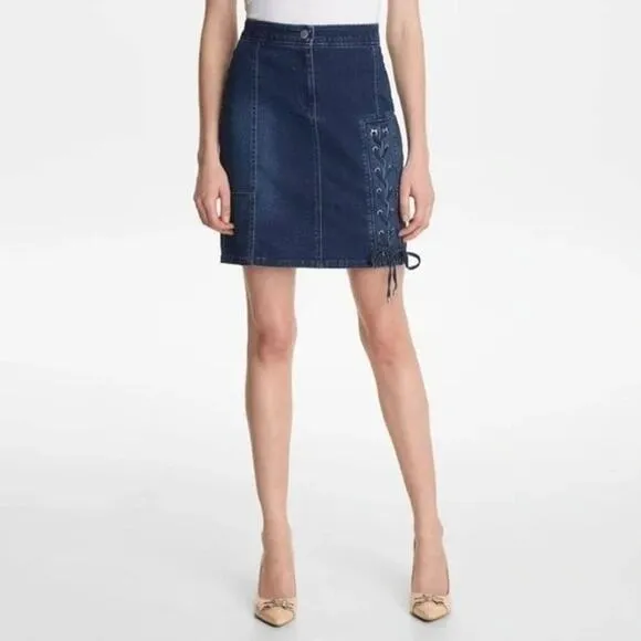 KARL LAGERFELD PARIS New Stretch 8 JEAN SKIRT Denim Lace Up Mini Biker Rock