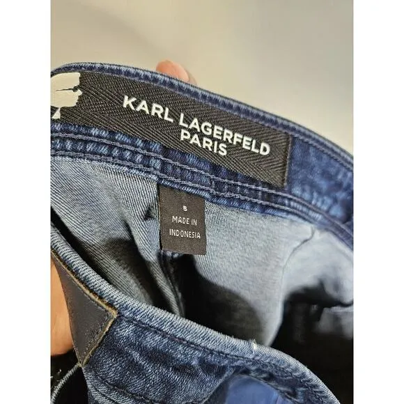 KARL LAGERFELD PARIS New Stretch 8 JEAN SKIRT Denim Lace Up Mini Biker Rock