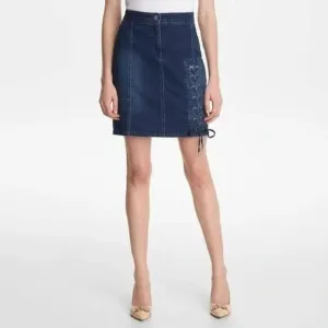 KARL LAGERFELD PARIS New Stretch 8 JEAN SKIRT Denim Lace Up Mini Biker Rock