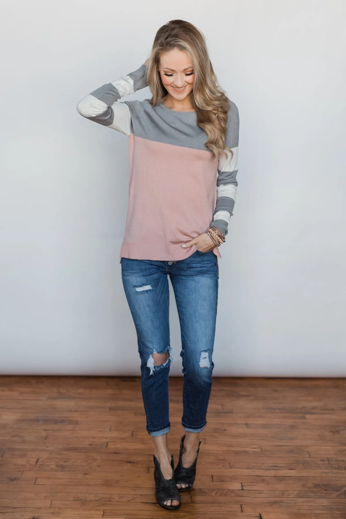 Keep Me Company Color Block Top - Grey & Dusty Pink