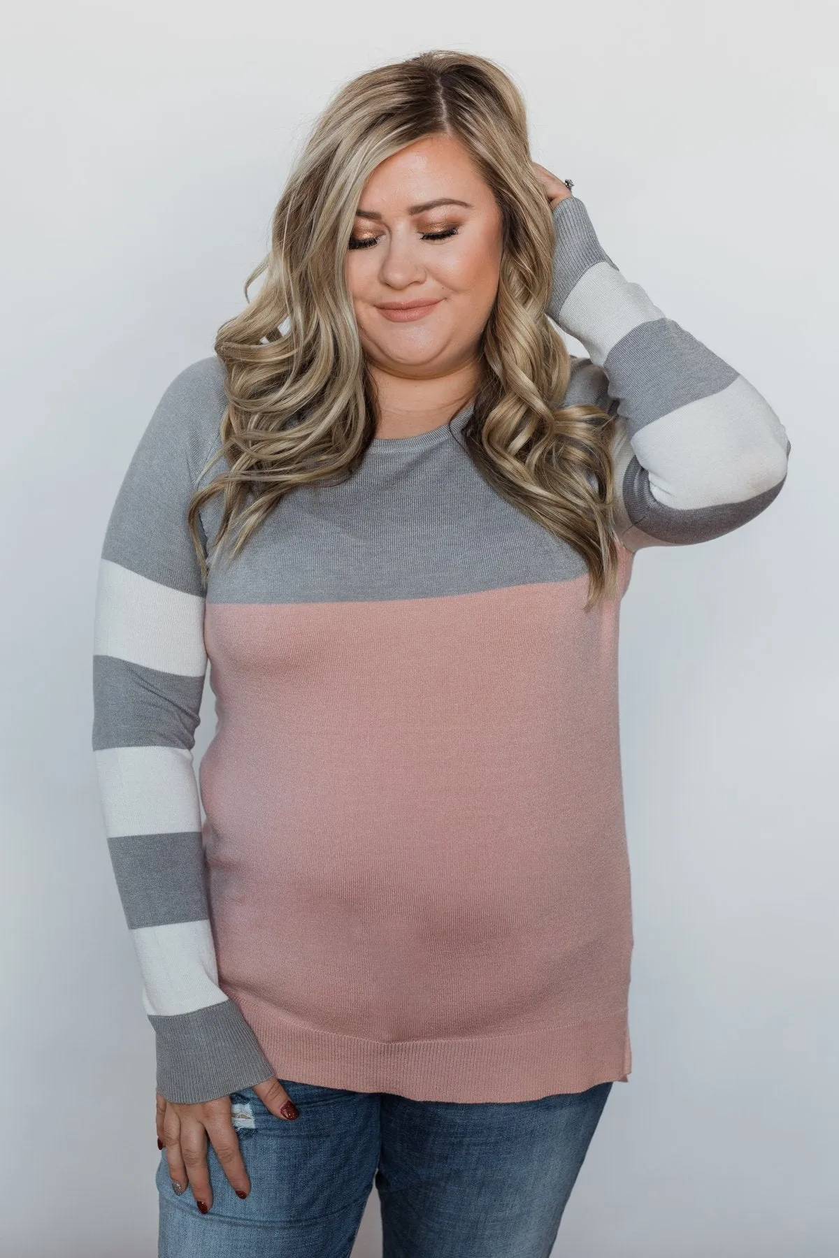 Keep Me Company Color Block Top - Grey & Dusty Pink