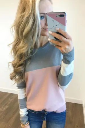 Keep Me Company Color Block Top - Grey & Dusty Pink