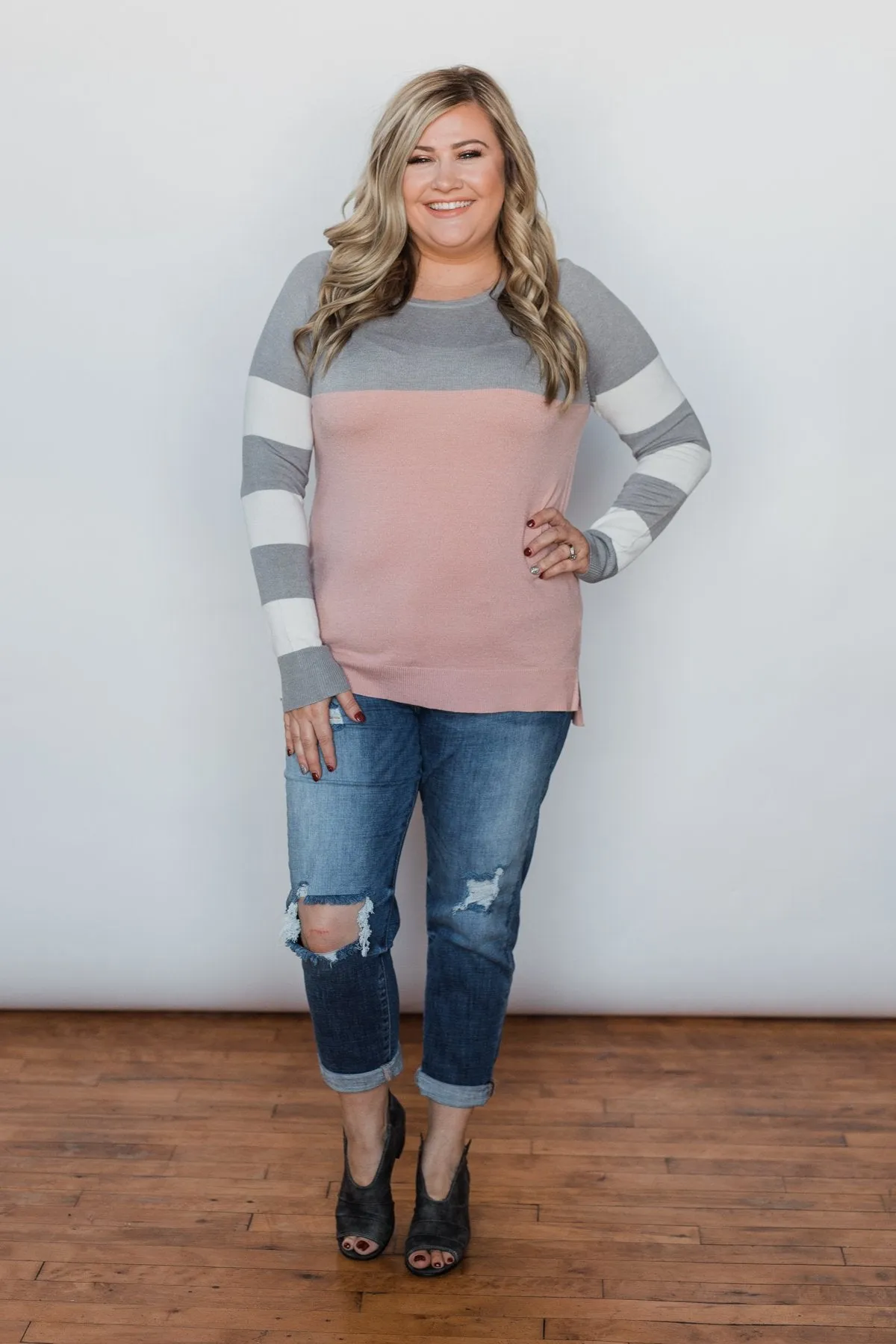 Keep Me Company Color Block Top - Grey & Dusty Pink