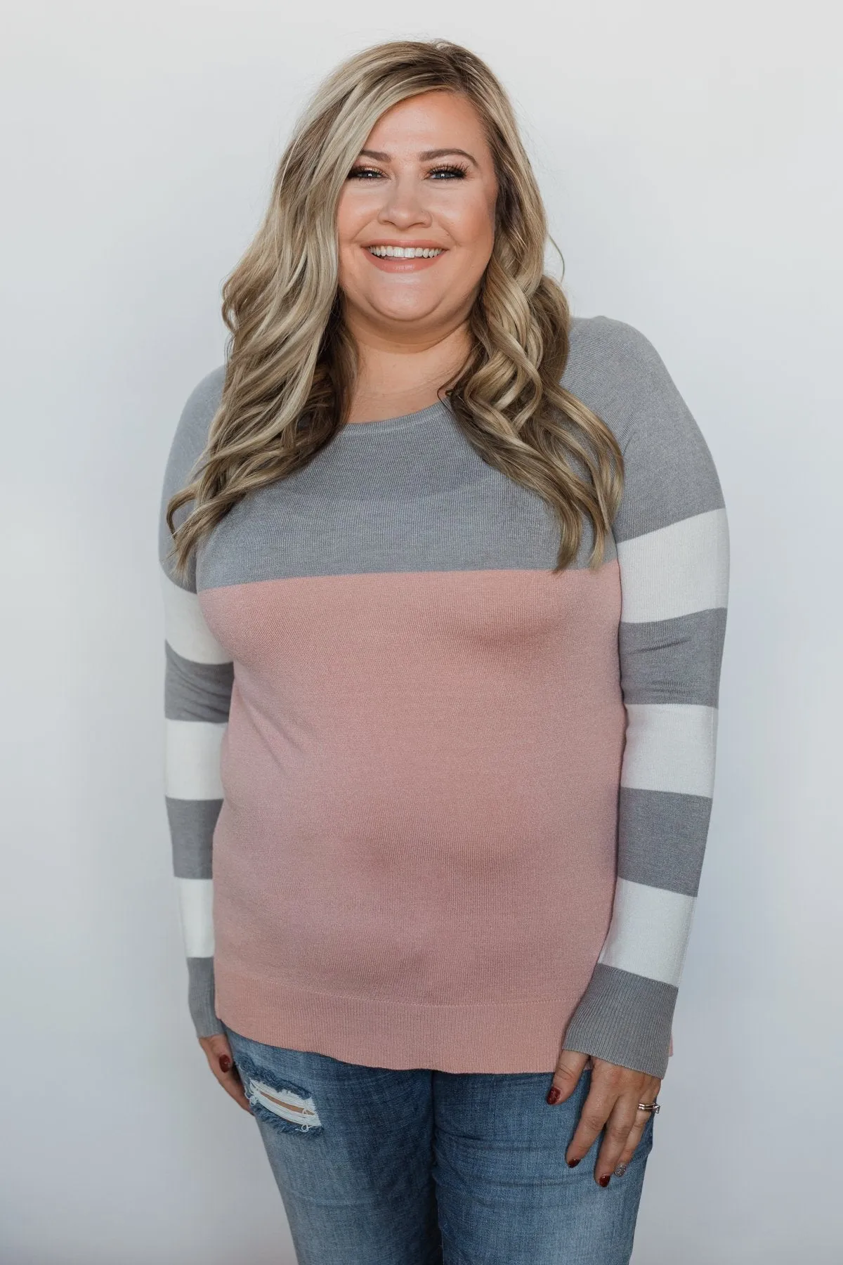 Keep Me Company Color Block Top - Grey & Dusty Pink