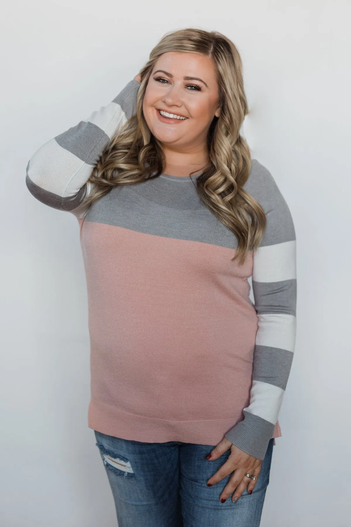 Keep Me Company Color Block Top - Grey & Dusty Pink