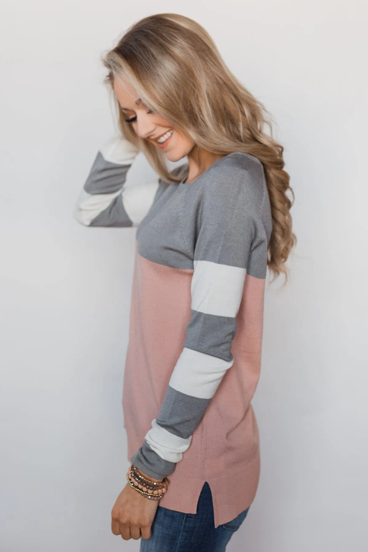 Keep Me Company Color Block Top - Grey & Dusty Pink
