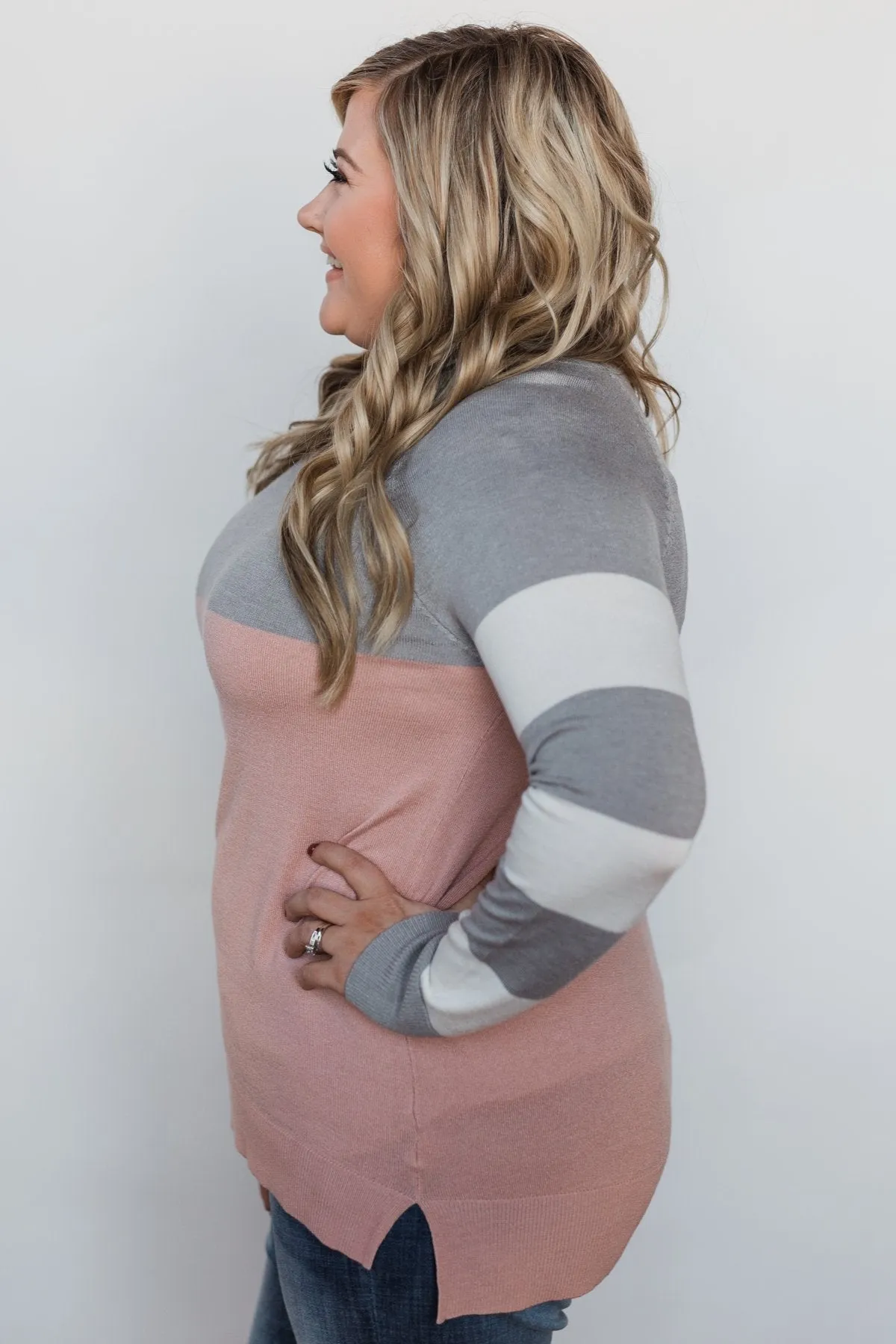 Keep Me Company Color Block Top - Grey & Dusty Pink