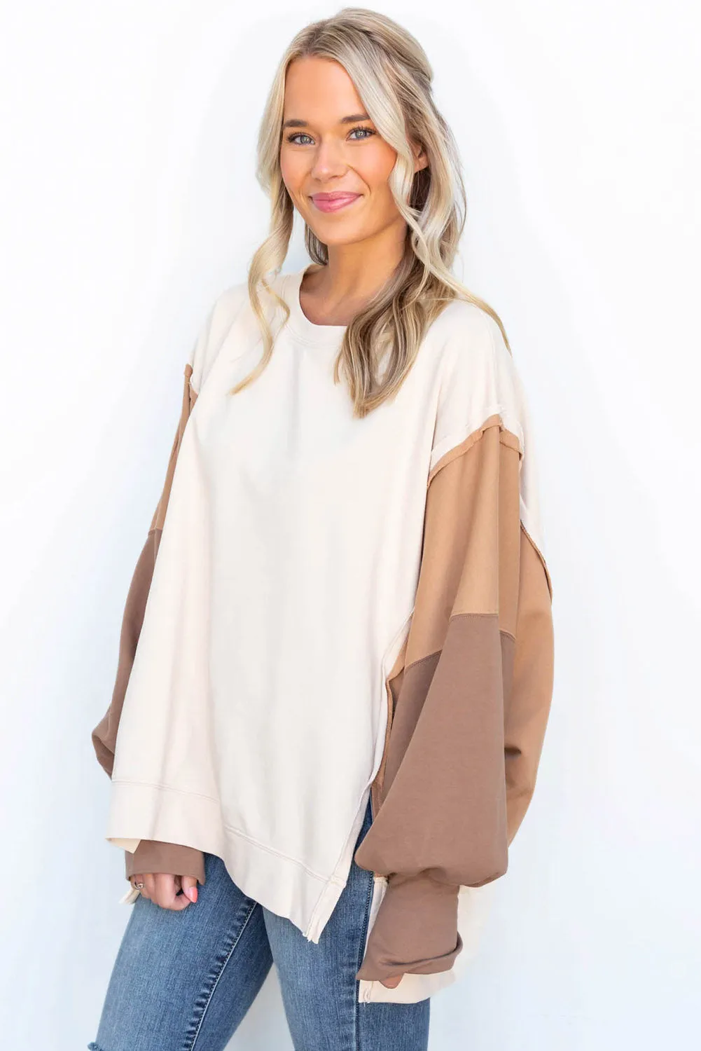 Khaki Color Block Splicing Sleeve Oversized Sweatshirt