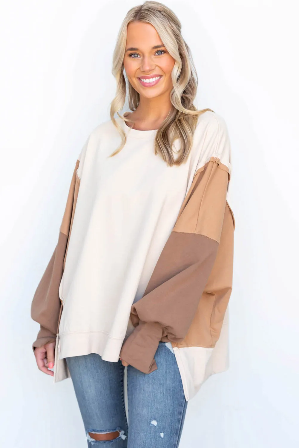 Khaki Color Block Splicing Sleeve Oversized Sweatshirt