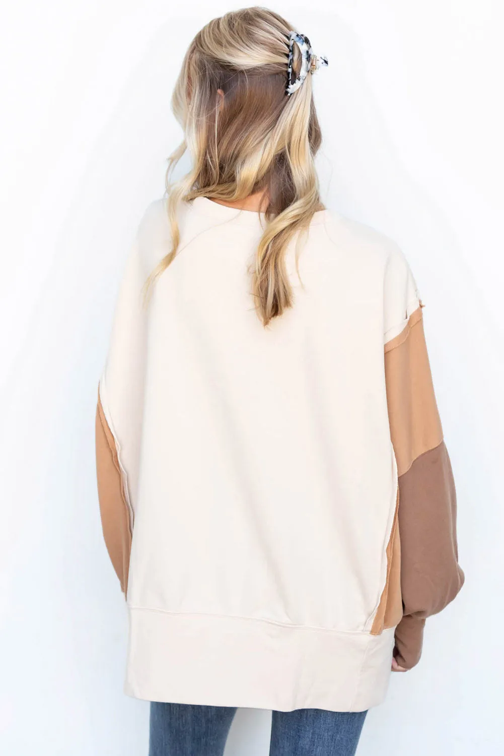 Khaki Color Block Splicing Sleeve Oversized Sweatshirt