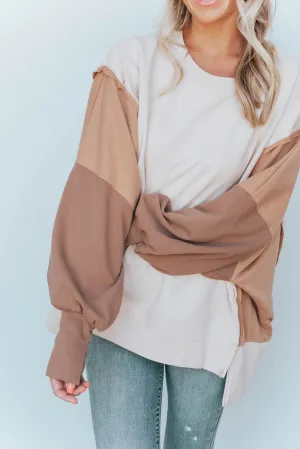 Khaki Color Block Splicing Sleeve Oversized Sweatshirt