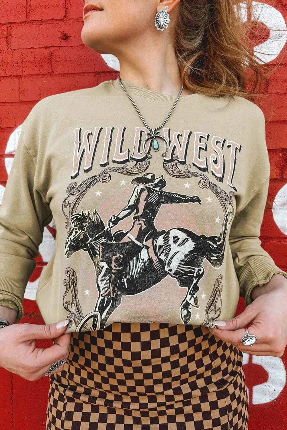 Khaki WILD WEST Rodeo Cowboy Graphic Sweatshirt