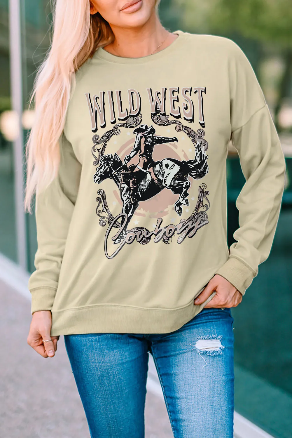 Khaki WILD WEST Rodeo Cowboy Graphic Sweatshirt