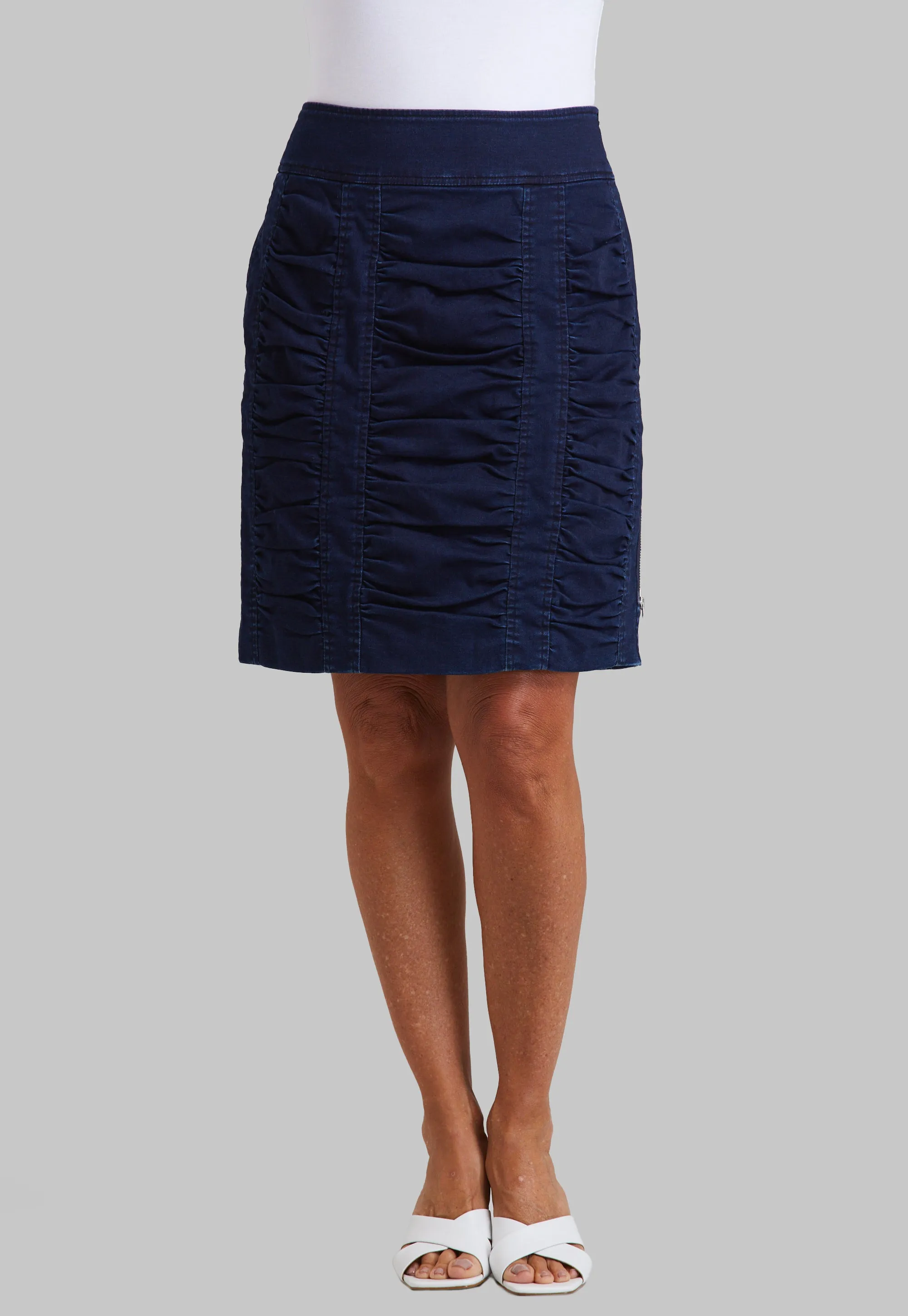 Knit Denim Penny Ruched Skirt