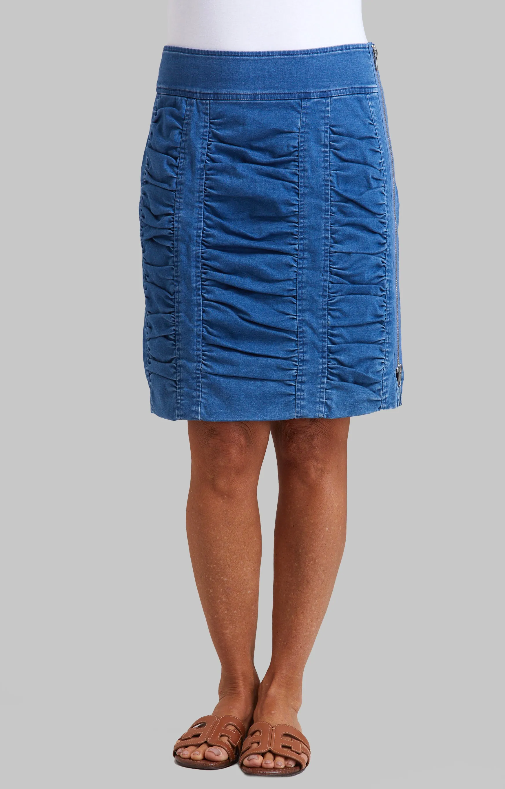 Knit Denim Penny Ruched Skirt