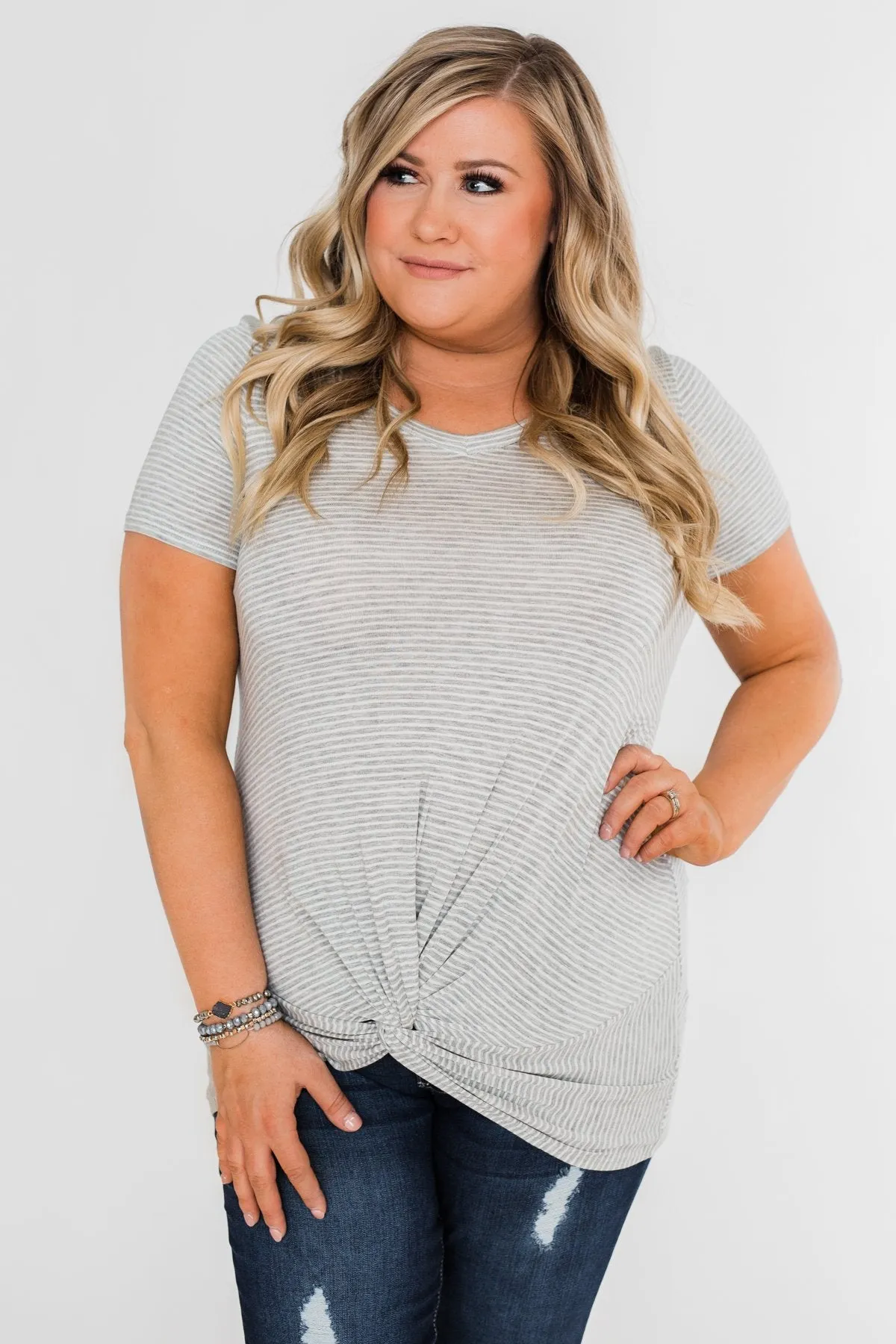 Knot This Time Striped Top- Heather Grey