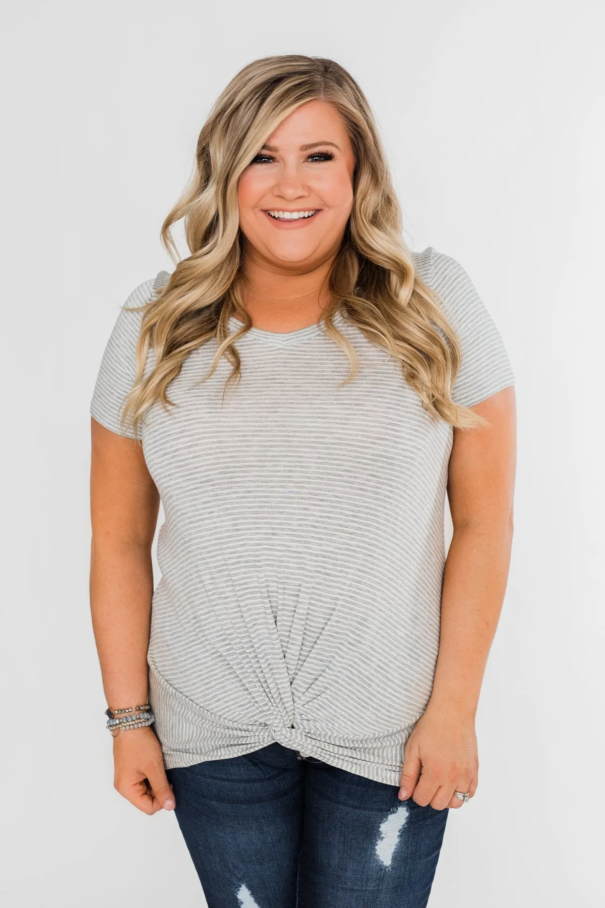 Knot This Time Striped Top- Heather Grey