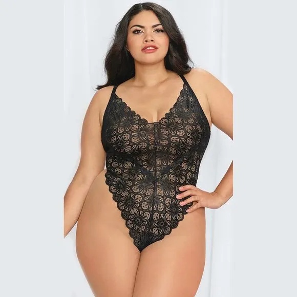 Lace Teddy and Sheer Skirt Set Womens Plus Size 2X Black Bodysuit Lingerie