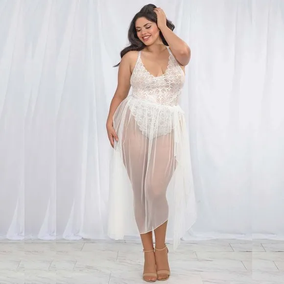 Lace Teddy and Sheer Skirt Set Womens Plus Size 2X Black Bodysuit Lingerie