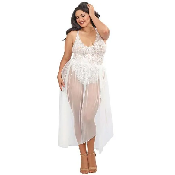 Lace Teddy and Sheer Skirt Set Womens Plus Size 2X Black Bodysuit Lingerie