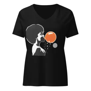 LADY'S V-NECK T-SHIRT Lady Blowing Orange and Striped Bubbles