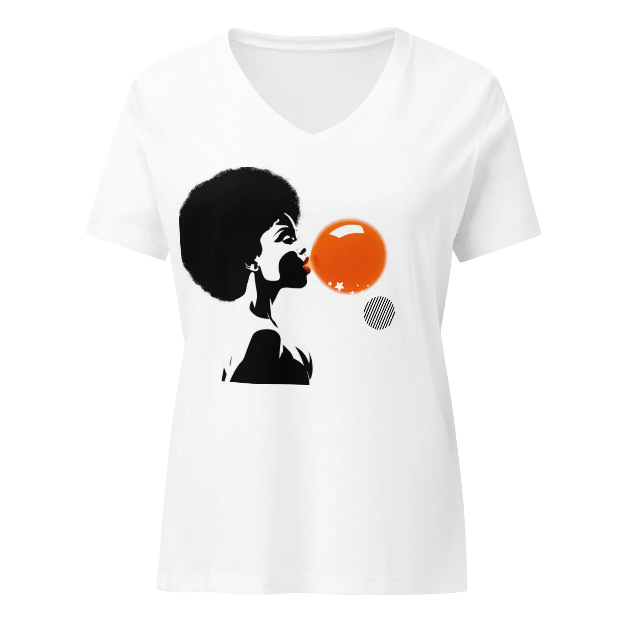 LADY'S V-NECK T-SHIRT Lady Blowing Orange and Striped Bubbles