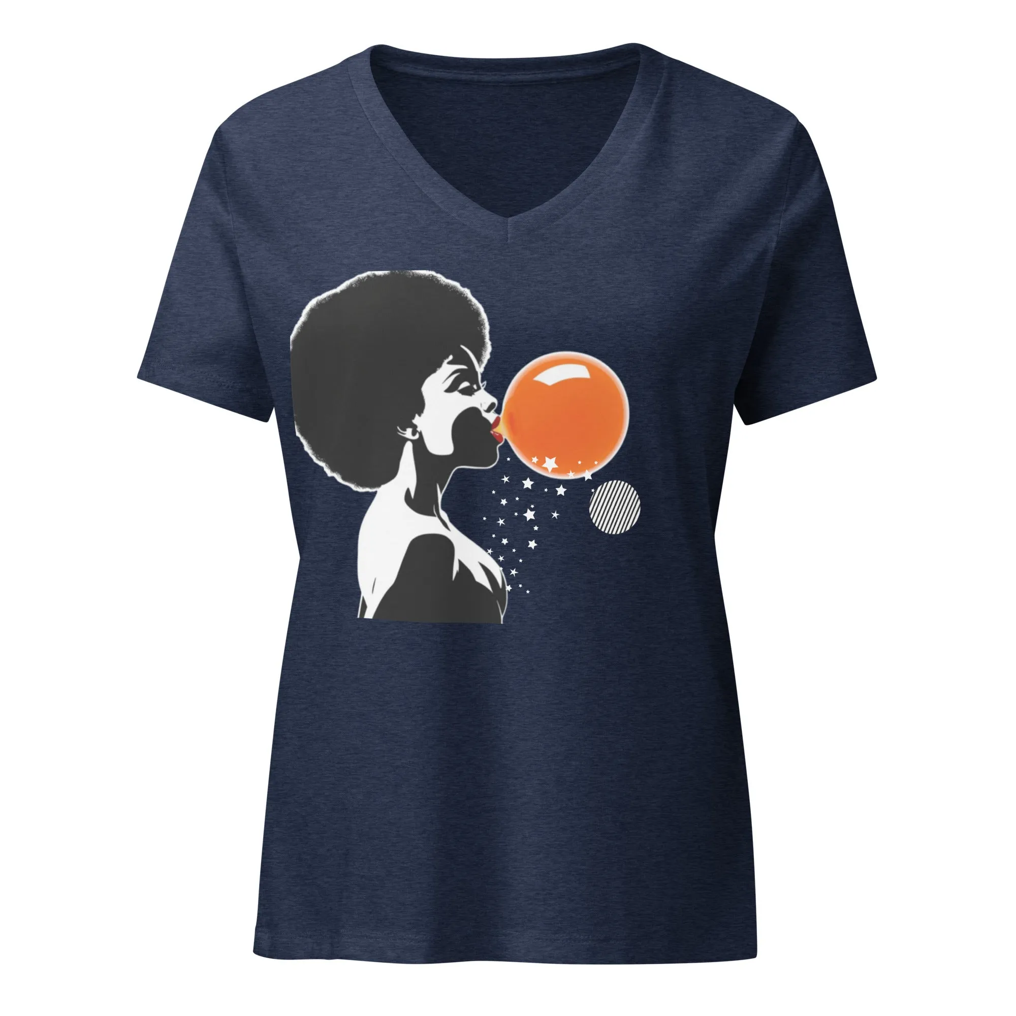 LADY'S V-NECK T-SHIRT Lady Blowing Orange and Striped Bubbles