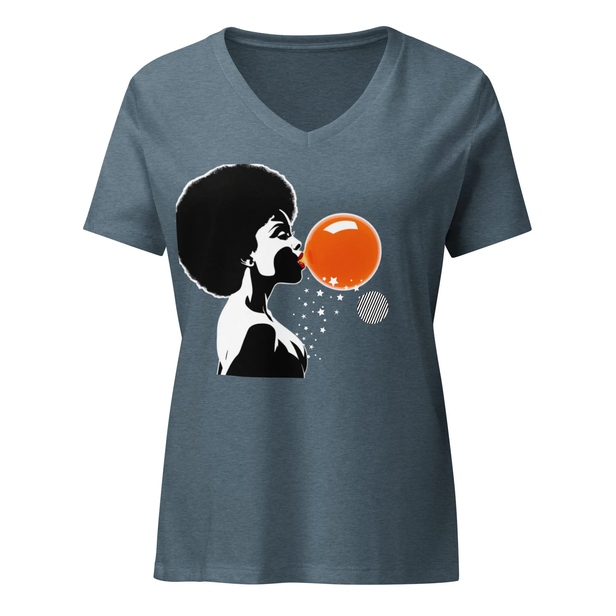LADY'S V-NECK T-SHIRT Lady Blowing Orange and Striped Bubbles