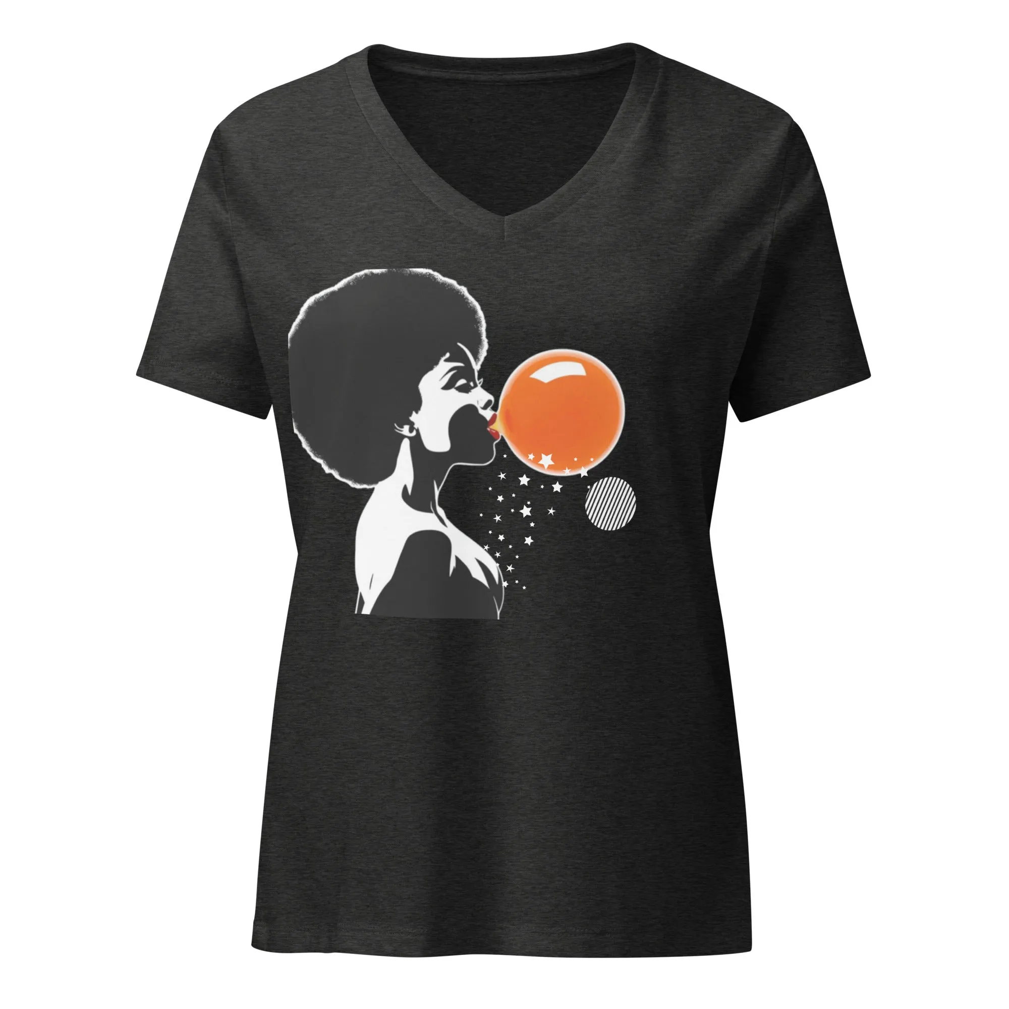 LADY'S V-NECK T-SHIRT Lady Blowing Orange and Striped Bubbles
