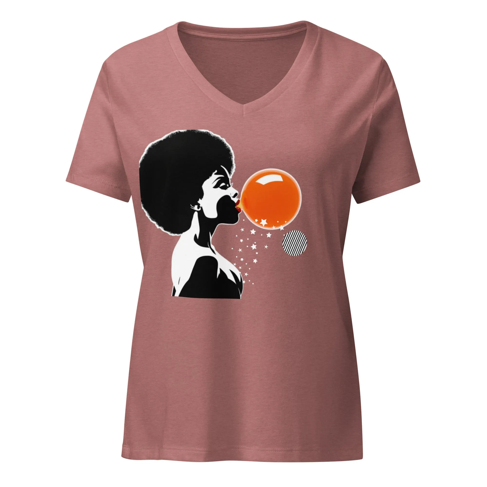 LADY'S V-NECK T-SHIRT Lady Blowing Orange and Striped Bubbles