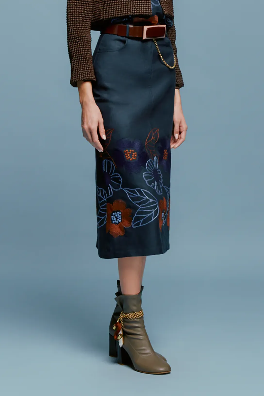 Layan Skirt | Navy Ochre Flower Embroidery