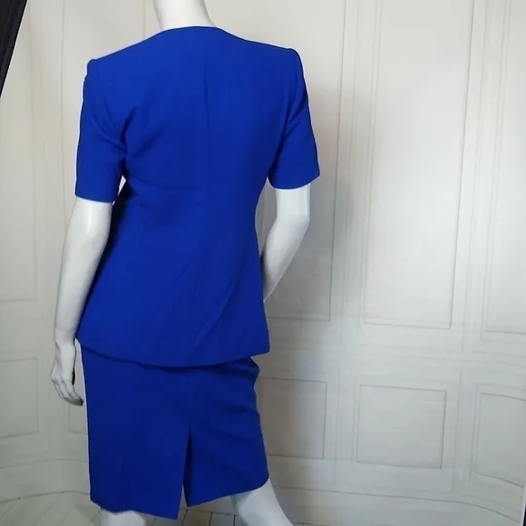 Le Suit Petite SZ 4P Royal Blue Early 90's Retro Short Sleeve Suit Skirt Set