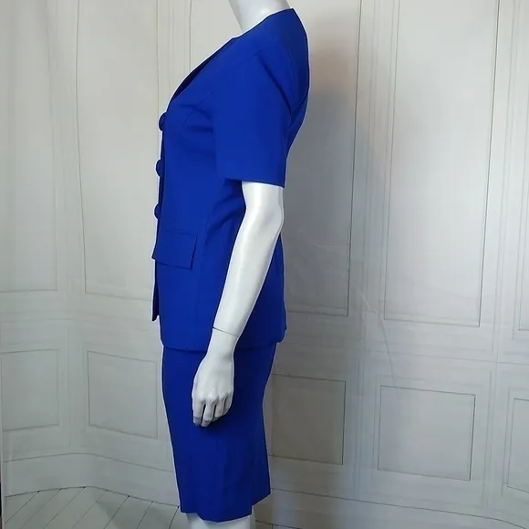 Le Suit Petite SZ 4P Royal Blue Early 90's Retro Short Sleeve Suit Skirt Set