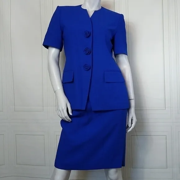Le Suit Petite SZ 4P Royal Blue Early 90's Retro Short Sleeve Suit Skirt Set