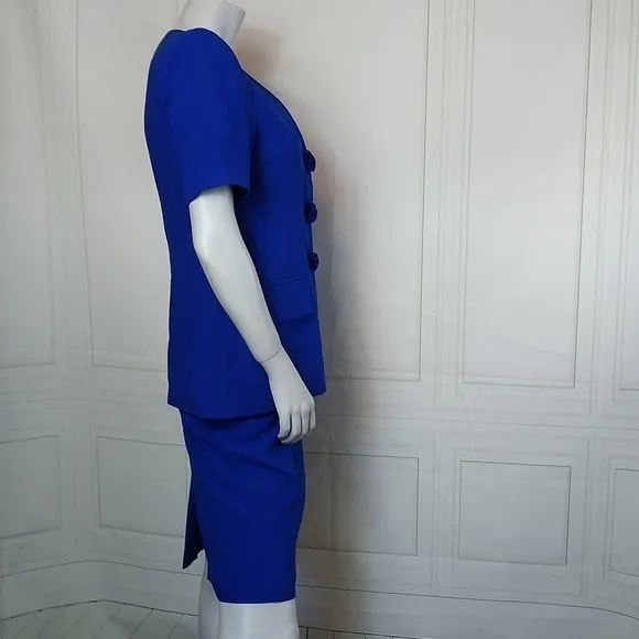 Le Suit Petite SZ 4P Royal Blue Early 90's Retro Short Sleeve Suit Skirt Set