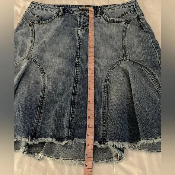 LEI Y2K Sophia Hip Hugger Low Rise Ruffle Denim Skirt 14 Streetwear Fairy Grunge