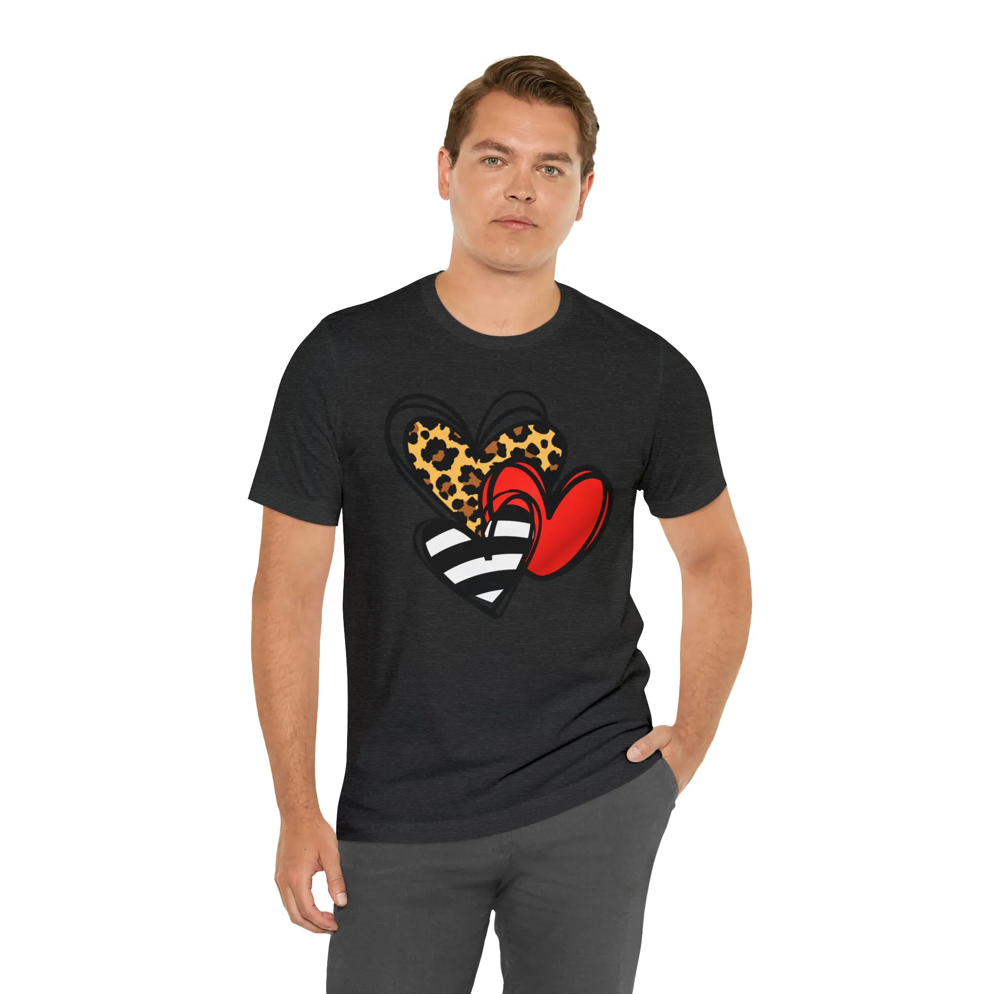 Leopard, Striped, Red Heart T-Shirt | Three Heart Tee |  Bella Canvas 3001 Unisex |  Happy Valentine's Day Short Sleeve Tshirt