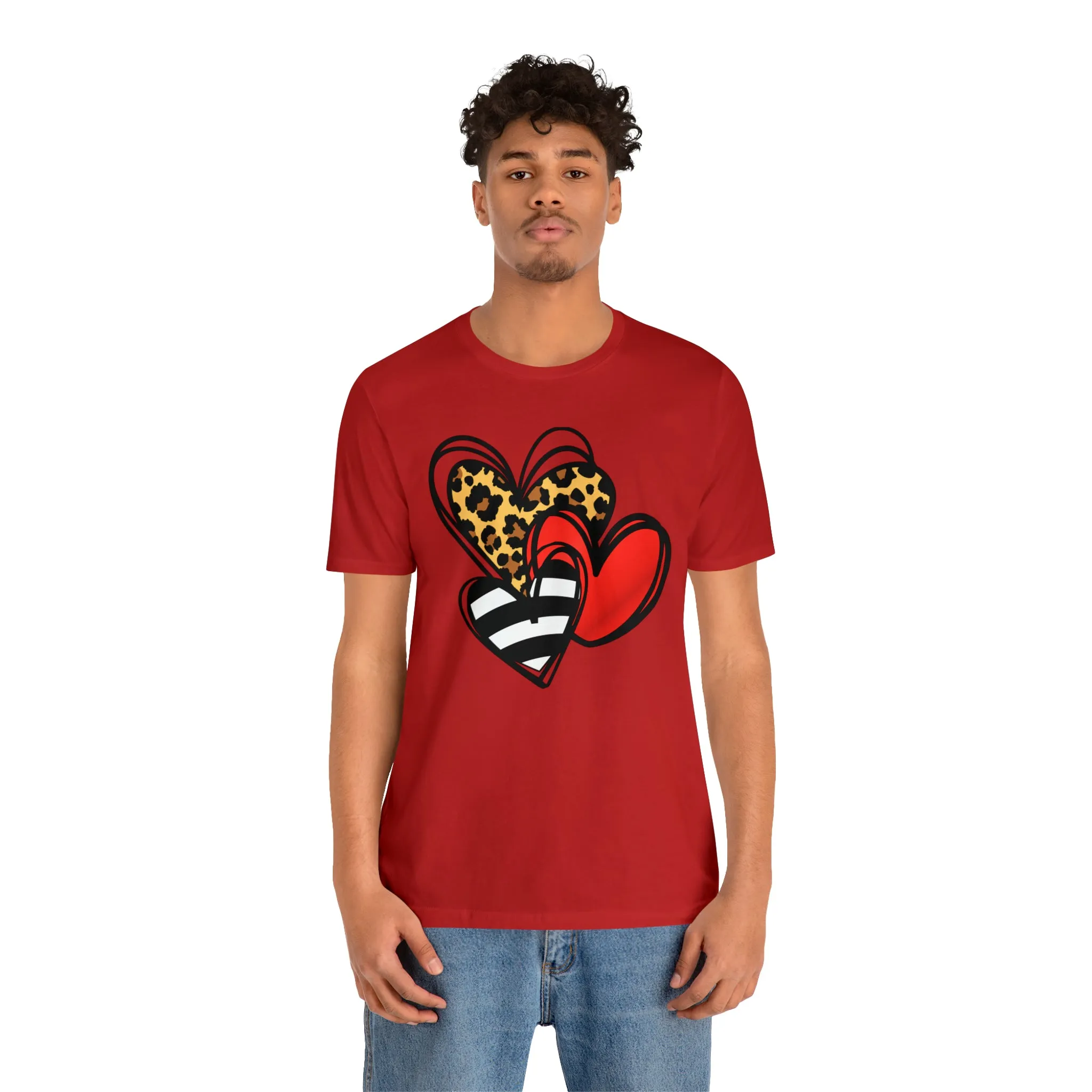 Leopard, Striped, Red Heart T-Shirt | Three Heart Tee |  Bella Canvas 3001 Unisex |  Happy Valentine's Day Short Sleeve Tshirt