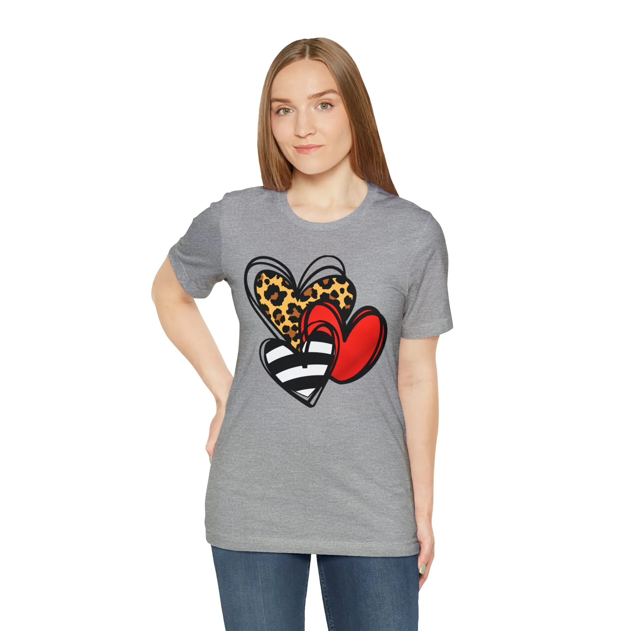Leopard, Striped, Red Heart T-Shirt | Three Heart Tee |  Bella Canvas 3001 Unisex |  Happy Valentine's Day Short Sleeve Tshirt